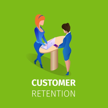 Customer Retention Square Banner. Women Communicating Standing at Desk with Laptop. Client Loyalty Sale Branding Marketing, Relationship. Attractive Business. 3D Isometric Cartoon Vector Illustrationのイラスト素材