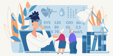 Online Medicine Healthcare Old People Advertising Flat Medical Service Banner Couple of Pensioners Aged Wife Husband Receiving Doctor Consultation Internet Vector Illustration Telemedicine Promotionのイラスト素材