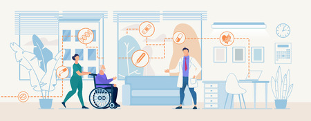 Female Nurse Uniform Carries Old Man Patient Wheelchair Doctor Examination Consultation. Vector Illustration Professional Step by Step Diagnosis Treatment Banner Presentation Flat Health Care Templateのイラスト素材
