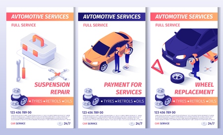Set of Advertising Brochure for Automobile Service. Flayers with Contact Information and List of Services. Suspension Repair, Payment for Work and Wheel Replacement Posters. Vector 3d Illustrationのイラスト素材