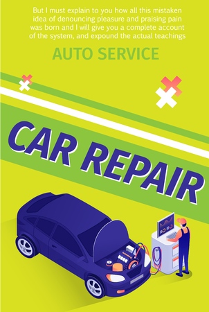 Text Flyer for Professional Car Repair Auto Service. Poster with Isometric Master Performing Computer Engine Diagnostic on Modern Equipment Connected to Car with Opened Hood. Vector 3d Illustrationのイラスト素材