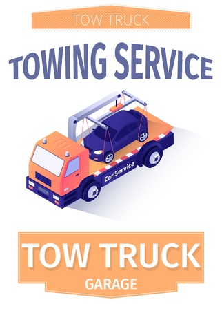 Advertising Lettering Poster Template for Towing Service or Poster for Tow Garage. Flyer with Wrecker Truck Driving Crashed Car. Auto Salvage Delivery Assistance. Vector Isometric 3d Illustrationのイラスト素材