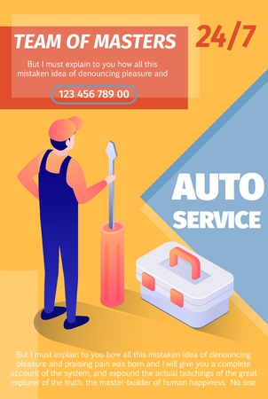 Print Poster Offers Team of Masters Fulltime Service. Vector Template with Place for Advertising Text and Editable Contact Information. Isometric Illustration of Master with Screwdriver Standing Backのイラスト素材