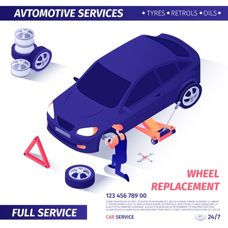 Banner for Advertising Wheel Replacement Automotive Full Service. Master Removes Useless Spare Part from Car on Adjustable Jack. Promotion Template with Contact Info. Vector Isometric 3d Illustration.のイラスト素材