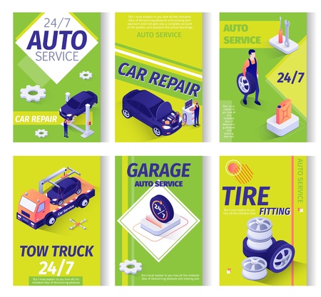 Car Service Advertisement Isometric Set. Repair Station, Maintenance Garage or Online Workshop Offers. Tow Truck Assistance, Tire Fitting, All-Day Auto Servicing. Working Staff. Vector 3d Illustrationのイラスト素材