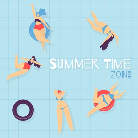 Summer Time Zone Promotional Flat Text Banner Vector Cartoon Illustration Woman Swimming Pool Relaxing on Inflatable Rubber Circles Sunbathing Water Colored Grid Backdrop Advertising Templateのイラスト素材