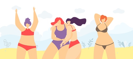 Flat Cartoon Motivational Banner with Positive Woman Body Concept Vector Illustration of Confident Beautiful Plus Size Girls in Swimwear on Beach Having Good Thoughts Enjoying Summertime Recreationのイラスト素材
