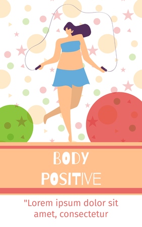 Body Positive Text Mobile Oriented Social Network Editable Page with Space for Motivational Phrase Plus Size Women Jumping Rope Having Fun Outdoors Love Yourself Concept Vector Illustrationのイラスト素材