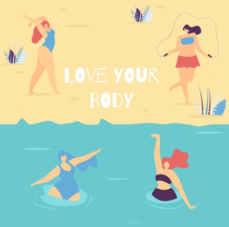 Love Your Body Motivational Lettering for Woman Flat Cartoon Banner with Summertime Design Vector Illustration Pretty Girls Swimming Jumping Rope Stretching Doing Yoga Body Positive Conceptのイラスト素材