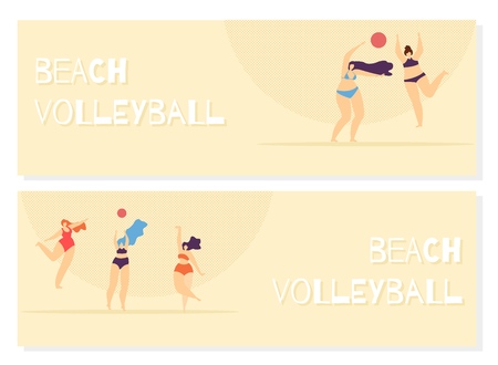Beach Volleyball Lettering Flat Banner Set Body Positive Recreation Happy Summer Time Concept Vector Motivational Woman Illustration Invitation Template Plus Size Girl Playing Ball Sand Color Designのイラスト素材