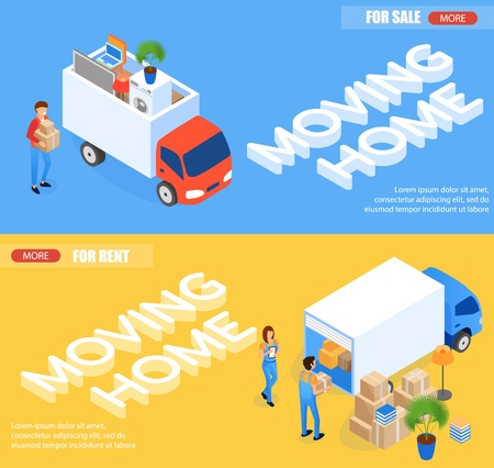 Illustration Moving Home for Rent and for Sale. Flat Banner Man in Uniform Loads Boxes into Van. Woman Stands Next to Truck and Checks List Cargo. Horizontal Set Isometric Landing Page.のイラスト素材