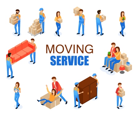 Set Vector Illustration Moving Service Cartoon. Men Ship Boxes and Furniture. Guy with Girl Pack Boxes and Rejoice. Husband and Wife are Sitting on Boxes and Waiting for Loading Things.のイラスト素材