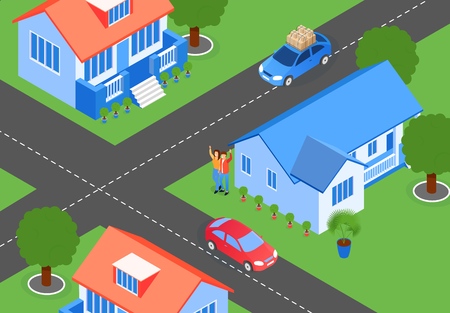 Vector Illustration City Streets Crossroads Flat. Projection Layout Residential Area with Projects Houses. Crossroads Four Roads in City. Married Couple Standing Near House and Welcomes People in Car.のイラスト素材