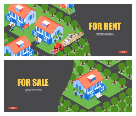 Isometric Illustration for Rent and For Sale. Flat Banner App for Finding and Choosing Rental Property or Selling Homes. Truck is Transporting Large Cargo. People Occupy New Residential Area in City.のイラスト素材