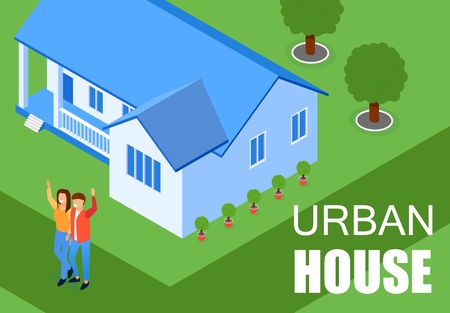 Vector Illustration Inscription Urban House Flat. Man and Woman Happily Welcome Near House. Flat Married Couple on Lawn his House Laughs and Waves his Hands. Real Estate Poster Isometric.のイラスト素材
