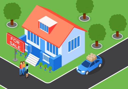 Inscription Near House is for Sale Cartoon Flat. Woman Shows Real Estate Young Married Couple. Man and Woman Meet with Real Estate Agent. Vector Illustration. Big House Isometric.のイラスト素材