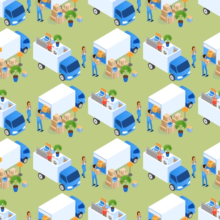 Loading Furniture Into Truck Vector Illustration. Neatly Folded Cardboard Boxes and Light Fixtures. Cleaning Packed Items, Furniture Fssembled with Arrangement. Flat Seamless Pattern Isometric.のイラスト素材