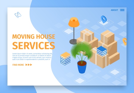 Illustration Moving House Services Landing Page. In Foreground are Neatly Folded Cardboard Boxes and Light Fixtures. Comfortable Apartment Moving Quickly, Professionally and Inexpensively.のイラスト素材