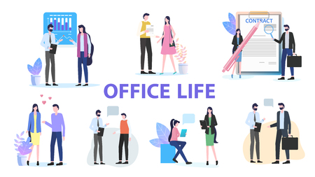 Office Life Group Man Woman Colleague Team Work Talk Discuss Contract Sign vector Illustration. Businessman Businesswoman Communication Coworker Frienship Love People Meeting Company Staffのイラスト素材