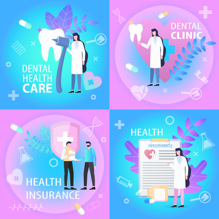Dental Clinic Health Care Insurance Banner Set. Doctor Dentist Tooth Treatment Man Sign Contract Vector Illustration. medical Professional Service Money Bill Coverage Patient Supportのイラスト素材