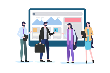 Businessman Show Chart Report on Screen Man Woman Office Worker Vector Illustration. Business Company Manager People Team Analysis Profit Graph Growth Discuss Sucess Strategy Teamworkのイラスト素材