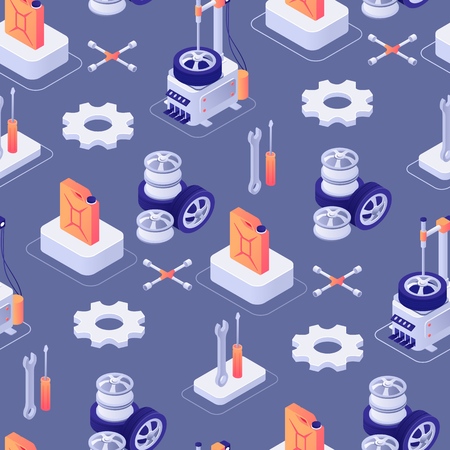 Seamless Pattern with Car Repair Tools and Equipment Isometric Icons. Gear, Wheels, Fuel Tank, Screwdriver, Wrench, Tire Fitting Equipment. 3d Vector Illustration. Layout on Color Backdropのイラスト素材