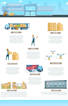 Warehouse Building. Service Infographic Banner. Factory Fast Distribution and Worldwide Supply Element. Storage Express Delivery Equipment and Transport. Flat Cartoon Vector Illustrationのイラスト素材