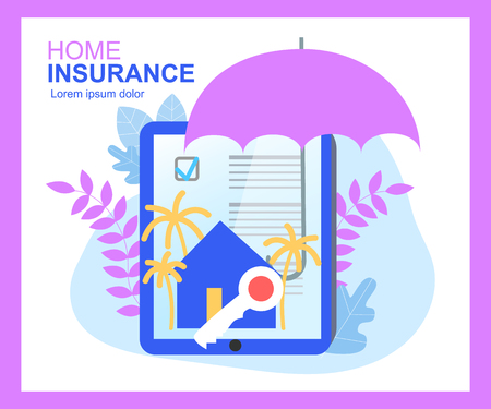 Home Insurance Contract Sign Umbrella Protection House Key Vector Illustration. Damage Financial Cover Accurance Security Family Real Estate Purchase Rent Offer Document Sellのイラスト素材