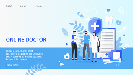 Man Patient with Woman Medic Online Doctor Service Vector Illustration. Physician Consultation Internet Medical Help Search Health Disease Treatment Specialist Find Mobile Applicationのイラスト素材