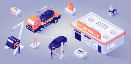 Car Service Building, Evacuator Stands near. Man Technician Characters Repairs Motor, other Master Replaces Wheels. Professional Auto Mechanics at Work. Isometric. Vector 3d Illustration.のイラスト素材
