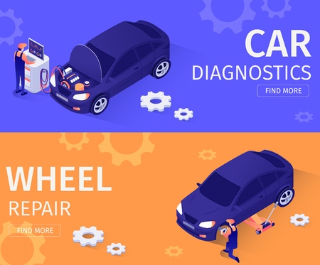 Set of Isometric Banners Templates for Car Diagnostics and Wheel Repair Service. Vector3d Illustration with Masters Perform Computer Engine Inspection, Replace Tire and Disk Using Modern Equipmentのイラスト素材