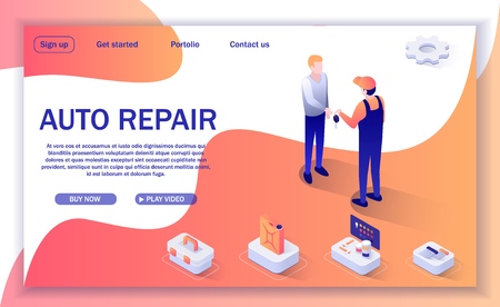 Landing Page for Auto Repair Online Service and Car Shop. Vector Isometric 3d Illustration with Technician in Uniform Giving Keys from Repaired Car to Vehicle Owner. Template with Place for Promo Textのイラスト素材