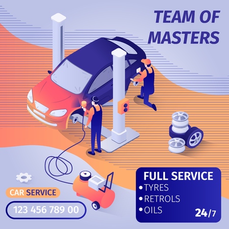 Banner Advertises Skilled Teamwork in Car Paint Service. Team of Professional Masters Painting and Polishing Automobile Using Special Dyeing Device. Vector 3d Isometric Illustration with Contact Infoのイラスト素材