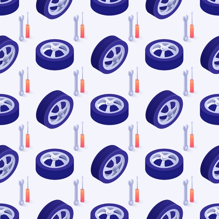 Seamless Isometric Pattern with Wheels and Tools. Automotive background. Transport backdrop. Vector 3d Illustration with Tyres and Disks, Screwdriver, Wrench or Spanner. Tire Fitting Service Conceptのイラスト素材