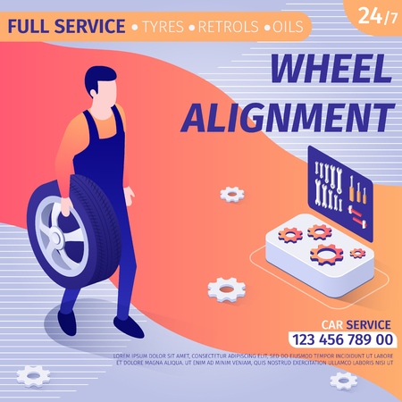 Advertisement for Wheel Alignment. Banner with Contacts and Information about Round-the-Clock Car Full Service. Master in Uniform Standing with Wheel near Tools Box. Vector Isometric 3d Illustrationのイラスト素材