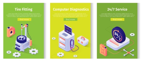 Advertisement Media Set for Autoservice. Tire Fitting, Computer Diagnostics Round-the-Clock Servicing and Automobile Maintenance. Modern Equipment. Vector 3d Isometric Equipment, Tools Illustrationのイラスト素材