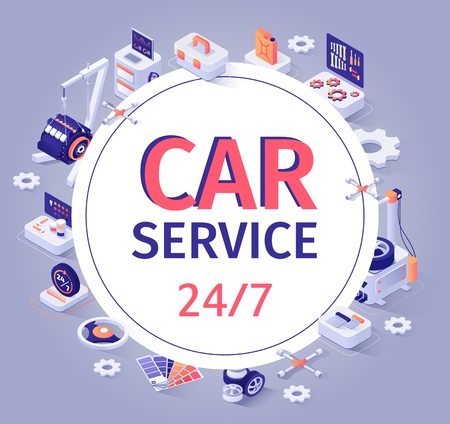 Car Service Banner Offer 24 to7 Customer Support. Fulltime Auto Maintenance in Automobile Shop Garage. Logo in Center and Isometric Repair Tools and Equipment Icons around. Vector 3d Illustrationのイラスト素材