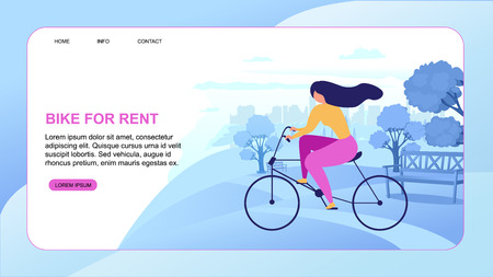 Cartoon Woman Rent Bike. City Eco Transportation Vector Illustration. Ride Rental Bicycle. Mobile Application Online Service Company. Urban Transport. Vacation Tourism. Active Travel Sportのイラスト素材