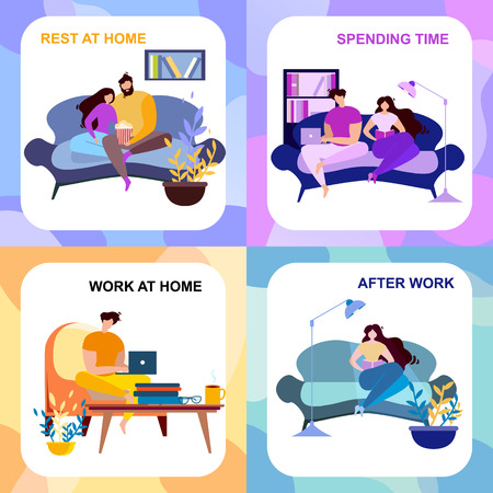 After Work, Rest at Home, Spending Time Banner Set. Cartoon People Indoors Rest and Read. Computer Freelance Work Vector Illustration. Couple Watch TV, Romantic Evening Family Entertainmentのイラスト素材