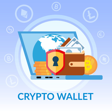 Virtual Crypto Wallet. Bitcoin Dollar Online Bank Banner Vector Illustration. Cryptocurrency Exchange. Internet Payment Financial Investment. Electronic Transaction Currency Rate Blockchainのイラスト素材