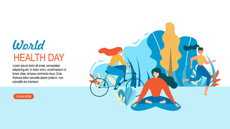 World Health Day. Woman Sport Training Outdoors Vector Illustration. Cartoon Girl Female Group Cycling. Running. Ride Bicycle. Meditation Yoga Sport Exersice. Nature Recreation Body Careのイラスト素材