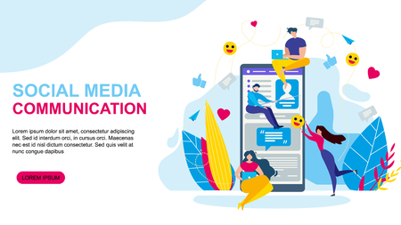 Social Media Communication. Cartoon People Mobile Phone Application Vector Illustration. Internet Chat Online, Message, Follow Friend, Network Post, Emoji Phone App User, Digital Device Screenのイラスト素材