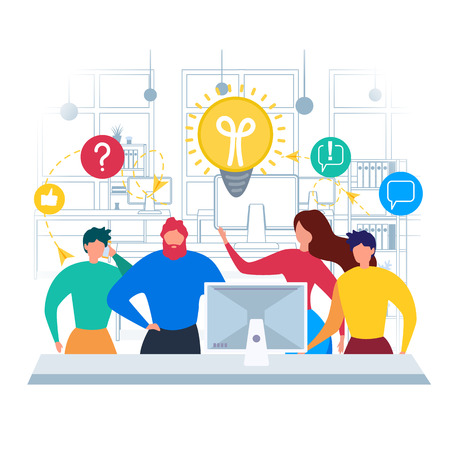 Cartoon Man and Woman Discuss Work Problem to Find Solution Vector Illustration. Office Room Interior. Male Female Worker Team Communication. Creative Idea Cooperation. Creativity Strategy Teamworkのイラスト素材