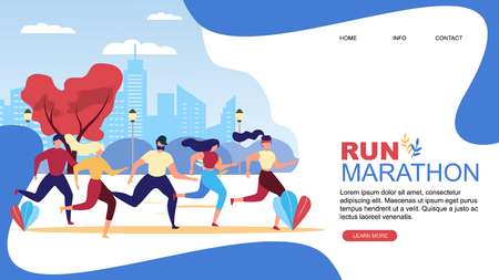 Run Marathon. Cartoon People Runner. Athlete Competition Vector Illustration. Healthy Lifestyle. Man Woman Group Jogging Outdoor on City Street. Road Race. Physical Activity Leisure Sport Fitnessのイラスト素材
