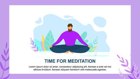 Cartoon Man Character Sit Eyes Closed Calm Breathing in Lotus Position. Meditate Outdoors Vector Illustration. Morning Nature Meditation Time, Emotional Recharge, Zen Yoga Practice, Peaceful Mindのイラスト素材