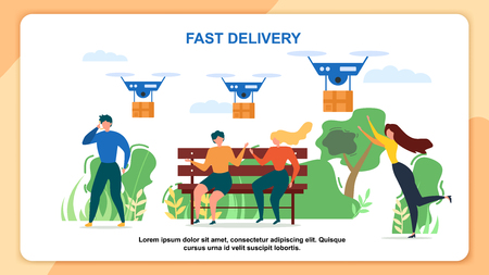 Cartoon People Recieve Mail Package. Fast Delivery Vector Illustration. Air Dron Shipping, Quadcopter Device Flying, Multicopter Transportation Service. Express Shopment. Future Technologyのイラスト素材