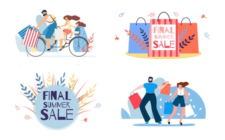 Set Poster Invitation Final Summer Sale Lettering. Day Discounts for Products for Whole Family Brings Joy. People Return Home from Store with Full Shopping Packages. Coupon Typography.のイラスト素材