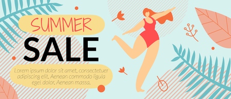 Advertising Flyer Summer Sale Vector Illustration. Cumulative Discount on Sale Goods for Women. Beautiful Woman in Swimsuit Rejoices and Dances. Hot Price and Offer. Layout Coupon Code.のイラスト素材