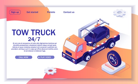 Landing Page with Offer of Tow Truck Assistance. Online Round-the-Clock Evacuation Service, Roadside Assistance. Isometric Vector 3d Illustration with Evacuator Transports Car to Repair Stationのイラスト素材