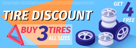 Banner Advertises Tire Discount. Sale Offer. Buy 3 Wheels All sizes, Get 4 Free. Vector 3d Illustration with Isometric Spare Parts, Place for Text. Template for Online Workshop, Print Header Adのイラスト素材